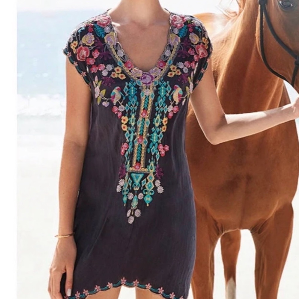 Johnny Was Multicolor Embroidered Tunic navy blue